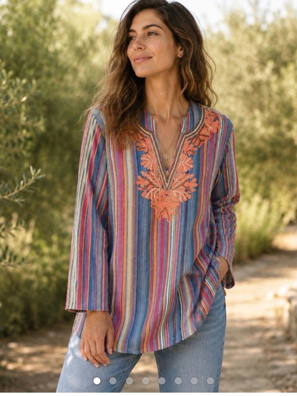Soft Surroundings Multicolor Striped Tunic boho with Coral Embroidery size M